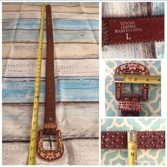 Womens Western Leather Belt Buckle Studded Cowgirl Brown Size Large - Picture 7 of 12
